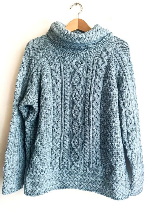 Aran Mor Sweaters - Aran Mor Blue Mock Neck Merino Wool Chunky Pullover L